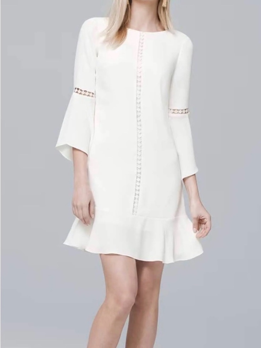 White House Black Market Women's White Embellished Bell-Sleeve Shift Dress
